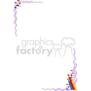 The image is a decorative clipart border,with a birthday theme. The borders of the frame are irregular and stylized with various elements:
- The top left corner features colorful confetti or balloons.
- The bottom right corner has a depiction of birthday candles in blue, yellow, red, and purple, with visible flames, suggesting they are lit. The candles seem to stand on a surface with some more colorful decorations scattered around them.
- The rest of the frame has squiggly lines that could represent streamers or ribbons in purple and white, adding to the festive appearance.
Overall, this image could be used as a festive border or frame for a birthday invitation, greeting card, or any other birthday-related decoration.