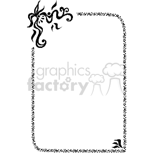 This is a black and white clipart image of a decorative border or frame. The design features ornate and intricate details, with swirls and floral-like patterns particularly prominent at the upper left corner of the frame. The rest of the border is adorned with a series of smaller, repeating decorative elements that give it a consistent and elegant look. The center of the image is empty, providing space to insert text or other graphics.
