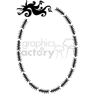 The clipart image shows an oval-shaped decorative border with ornate details. The border consists of what appears to be stylized fern or foliage motifs on the sides that form a continuous, symmetrical pattern. At the top of the oval, there is an additional decorative flourish with curling elements and a leaf-like design, adding an elegant accent to the overall frame. The design is intricate and appears to be in a silhouette style, suitable for use as a frame or border in various types of designs or invitations.