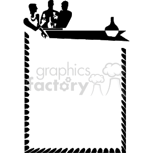 The clipart image shows a decorative party-themed border. At the top, you see a simplified representation of three people holding drinks and appearing to engage in a cheerful conversation, suggesting a social or party scene. There is also a decanter on the left side. The rest of the image is framed by rope-like borders that twist around the entire perimeter, giving it a festive or possibly a casual, beachy vibe. The center of the frame is blank, providing space where text or additional imagery could be inserted for a party invitation, announcement, or similar uses.