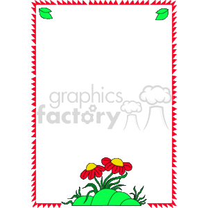 This is a clipart image of a decorative frame or border. The border has a zigzag pattern around it in black and red. At the bottom, there's a small bunch of red flowers with yellow centers, which seem to be growing out of a green, hill-like base with some grassy details. There's also a pair of green leaves at the top corners. The center of the frame is a large blank space, typically meant for text or other content to be added.