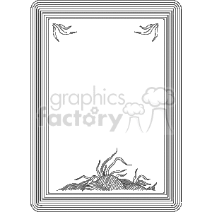 This image shows a decorative border or frame that is black and white, likely designed for use in text documents or as a page decoration. The design incorporates several lines around the edge creating a layered frame effect. Additionally, there are decorative elements in the corners which appear to be stylized foliage or scroll-like motifs. At the bottom of the frame, there is a small, detailed illustration that seems to depict some grass or plants, possibly in a small mound or hill-like formation. The center of the image is a large empty space intended for text, images, or any content that the frame is meant to highlight or beautify.