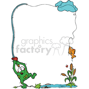 This clipart image features a whimsical, country-style scene with an anthropomorphic frog engaged in fishing. The frog, with a happy expression, is standing on the edge of a body of water. It holds a simple fishing rod with a curved line that leads to a dangling fish out of the water. The fish seems to be caught on the hook but also looks quite cheerful. To the right of the frog, there is a small cluster of water plants, and in the background, there's a blue cloud suggesting an outdoor setting. The entire image is surrounded by a white border, providing a space where text or additional graphics could be added. The style of the illustration is cartoonish and lighthearted, which could make it suitable for a variety of casual or child-friendly applications.
