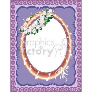 A decorative clipart image featuring a flower-adorned oval frame with a purple background and heart patterns along the border.