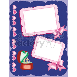 This clipart image features two blank photo frames with pink borders and ribbons, heart shapes on the left side, and a pair of wedding rings in an open ring box at the bottom left. The background is dark blue with a purple border.
