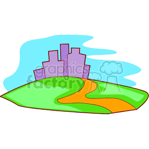 A colorful clipart image depicting a green hill with an orange path leading toward a city skyline in the background, with a blue sky and white clouds.