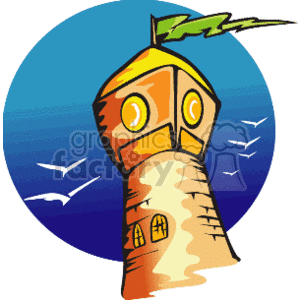 The clipart image depicts a stylized lighthouse with a whimsical design. The structure of the lighthouse is slightly curved. There's a flag flying on its top. Behind the lighthouse, there is a body of water, which is likely an ocean or sea, indicated by the presence of the lighthouse. Additionally, there are a few birds flying in the background, which could be seagulls. The overall image is contained within a circular frame, and it captures a playful representation of a lighthouse near water with birds, often associated with coastal scenery.