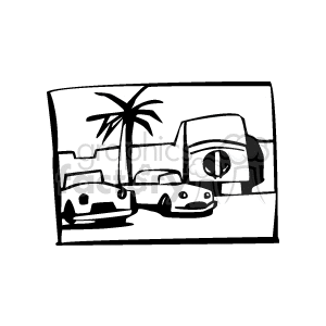 Black and white clipart image featuring two cars parked in front of a building with a palm tree in the background.