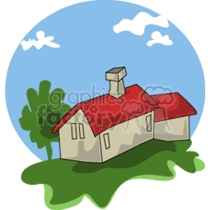   The image is a clipart of a small house with a red roof. It has a prominent chimney and is composed of what appears to be a main section and an attached smaller section, which could be a garage or an annex. There