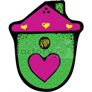   The clipart image depicts a stylized, whimsical birdhouse. The body of the birdhouse is a speckled green color, and there