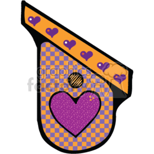 The clipart image features a stylized, country-style birdhouse. The birdhouse is adorned with a checkered pattern and has a large heart-shaped entrance. The roof of the birdhouse displays a series of smaller hearts, creating a decorative and charming appearance that is typical of country-themed decorations. The colors are predominantly orange and purple, with heart accents contributing to the quaint and cozy design, suggesting a warm and inviting home for birds.