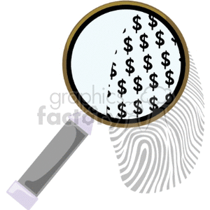 A magnifying glass focusing on dollar signs over a fingerprint, symbolizing financial investigation or identity theft.