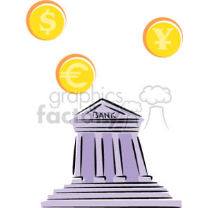 Clipart image of a bank building with currency symbols for dollar, euro, and yen surrounding it.