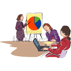   The clipart image depicts a business setting where three individuals appear to be engaged in a discussion or presentation. One person is standing and pointing to a pie chart on a presentation board, indicating a focus on data analysis or report findings. Another individual is seated at a table working on a laptop computer, suggesting the use of technology to track or present information. The third person is also seated at the table, writing notes, which may imply engagement with the presentation and documentation of important points. The overall scene conveys a theme of business analysis, with potential topics including profits, expenses, economic data, or corporate financial matters. 