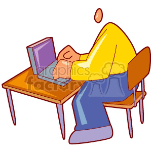 Illustration of a comical person with a small head sitting at a desk working on a laptop.