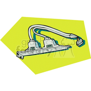 Illustration of a computer expansion card with two connectors and attached cables on a green geometric background.