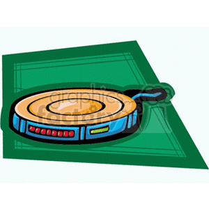 A clipart image of a circular computer modem, with LEDs on the side, and a cable visible from behind