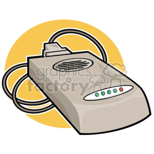 A clipart illustration of an old-style external computer modem with indicator lights and cables set against a yellow background.