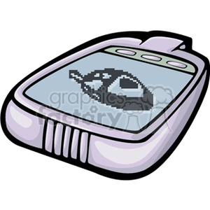 A cartoon-style illustration of an old-school handheld electronic device with a pixelated mouse displayed on its screen.