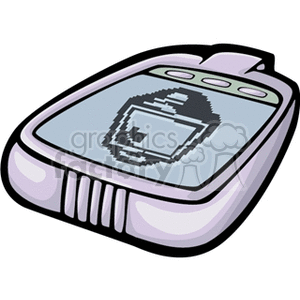 A clipart image of a retro handheld electronic device with a black and white screen displaying an icon.