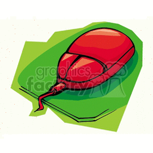 Clipart illustration of a red computer mouse on a green mouse pad.