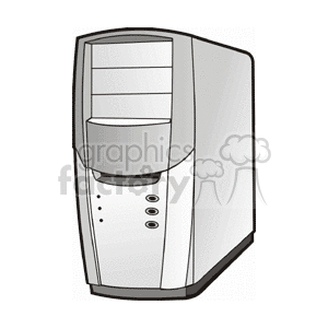 A clipart image of a desktop computer tower case with several drive bays and buttons visible on the front panel.