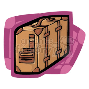 A stylized clipart image of a computer in the style of a suitcase with a tan color and brown accents against a purple background. 