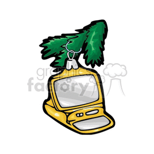 Clipart of a yellow computer monitor decorated with a green pine tree branch, resembling a holiday ornament.