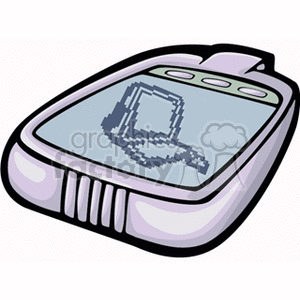 Clipart of a vintage handheld device with a pixelated icon on the screen.