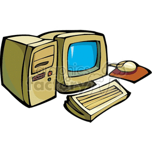 A colorful cartoon clipart of a vintage desktop computer with a CRT monitor, keyboard, and mouse.