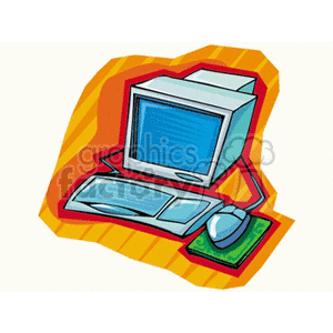 A colorful clipart illustration of a vintage desktop computer, featuring a monitor, keyboard, and mouse on a vibrant background.