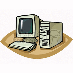 A vintage clipart illustration of a retro computer with a CRT monitor, keyboard, and tower.