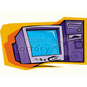 A stylized clipart image of a vintage desktop computer with a boxy monitor and a tower CPU, set against a colorful background.