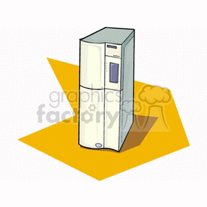 A clipart image of a desktop computer tower placed on a yellow geometric shape.