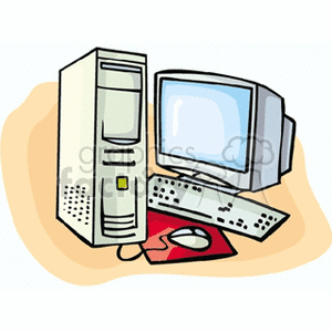 Clipart image of a desktop computer setup, including a monitor, keyboard, mouse, and tower.