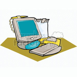 Clipart of a retro desktop computer setup, including a monitor, keyboard, mouse, and mouse pad, with a note attached to the screen.