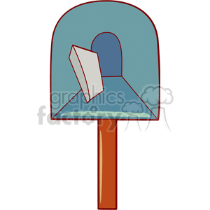 A blue mailbox clipart with a letter inside, shown with a wooden post.