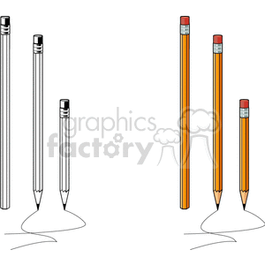 Clipart image showing two sets of pencils, one in black and white and the other in color. Each set contains a tall and a short pencil with erasers.