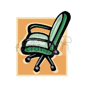 Clipart of a green office chair on wheels with armrests, set against an orange background.