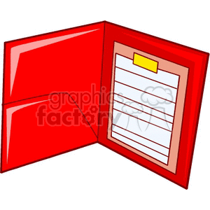 A red folder with a label and inserts, depicted in clipart style.