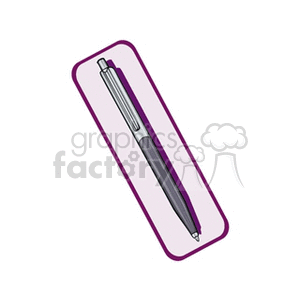 Clipart image of a ballpoint pen with a silver clip and purple rectangular border.