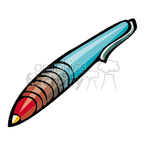 A colorful pen clipart with a blue barrel and multicolored grip.