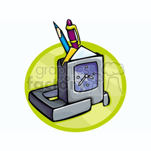 A clipart illustration of a desk organizer with a clock, holding a pencil and a pen, set against a green circular background.