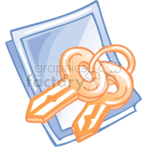 The clipart image depicts a pair of keys on a key ring overlaid on top of a stack of documents or files. The items could symbolize security or access in a business or office setting, where keys might represent the means to secure or unlock something, and the documents could represent paperwork, reports, or confidential files that one might find in a workplace.