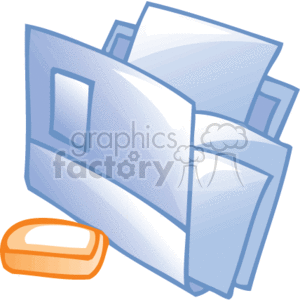 The clipart image shows two blue folders, typically used for organizing and storing documents, papers or files. There is also an orange eraser lying near the folders. These items are commonly associated with a business or office environment where organizing paperwork is necessary.