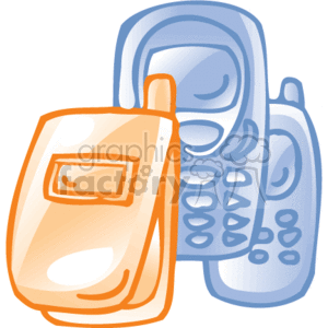 The clipart image features three mobile phones, representing business office supplies or communication devices. One phone is a flip phone, and the others resembles a more traditional cell phone or perhaps a pager. They are depicted in a stylized manner with simple shapes and a limited color palette, common in clipart.