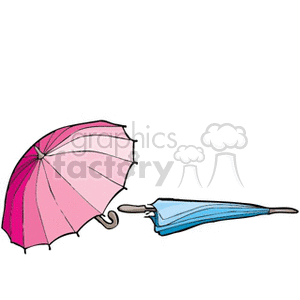 Clipart image of two umbrellas, one open and pink, the other closed and blue.
