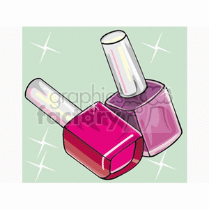 An illustration of two bottles of nail polish, one in bright pink and the other in purple, set against a light green background with sparkles.