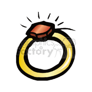 The clipart image shows a stylized ring, possibly a piece of fine jewelry. It features a gold band with a large, red, faceted gemstone set on top, which could represent a ruby or garnet, for instance. The gemstone is emitting sparkles, indicating its shininess or brilliance.