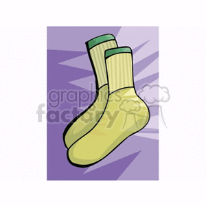 Illustration of a pair of yellow socks with green tops, set against a purple geometric background.